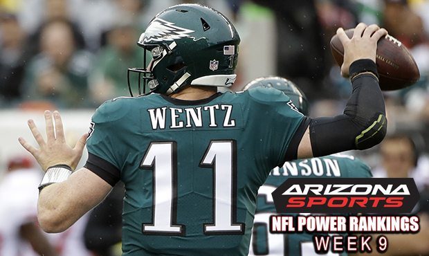 Philadelphia Eagles quarterback Carson Wentz (11) throws a pass during the first half of an NFL foo...