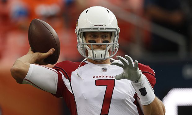 Arizona Cardinals quarterback Blaine Gabbert (7) warms up prior to an NFL preseason football game a...