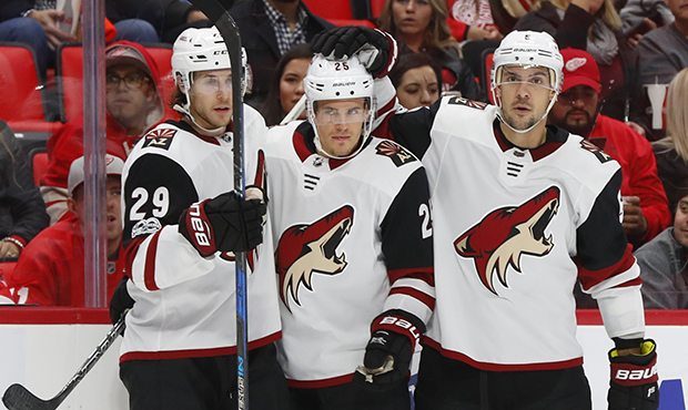 Arizona Coyotes center Nick Cousins, center, celebrates his goal against the Detroit Red Wings with...