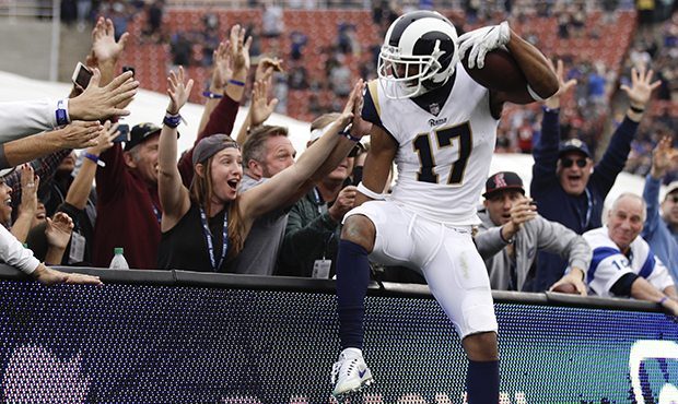 Los Angeles Rams wide receiver Robert Woods celebrates his touchdown against the Houston Texans dur...