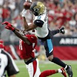 Jacksonville Jaguars wide receiver Dede Westbrook (12) can't make the catch has Arizona Cardinals strong safety Antoine Bethea (41) defends during the first half of an NFL football game, Sunday, Nov. 26, 2017, in Glendale, Ariz. (AP Photo/Rick Scuteri)