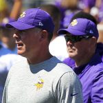 In this July 27, 2017, file photo, Minnesota Vikings offensive coordinator Pat Shurmur, left, and head coach Mike Zimmer watch practice during NFL football training camp in Mankato, Minn. The Vikings have managed to withstand the loss of their starting quarterback and running back in the first quarter of the season with a balanced attack, quality depth and a vastly improved offensive line. Coordinator Pat Shurmur has quietly done a masterful job of keeping the offense running. (AP Photo/Andy Clayton-King, File)