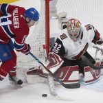 Arizona Coyotes goaltender Antti Raanta, right, makes a save against Montreal Canadiens' Brendan Gallagher during third-period NHL hockey game action in Montreal, Thursday, Nov. 16, 2017. (Graham Hughes/The Canadian Press via AP)