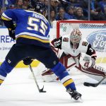 St. Louis Blues' Colton Parayko controls the puck as Arizona Coyotes goalie Antti Raanta, of Finland, watches during the second period of an NHL hockey game Thursday, Nov. 9, 2017, in St. Louis. (AP Photo/Jeff Roberson)