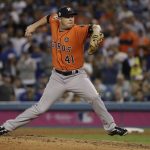 Houston Astros' Brad Peacock throws during the third inning of Game 7 of baseball's World Series against the Los Angeles Dodgers Wednesday, Nov. 1, 2017, in Los Angeles. (AP Photo/Matt Slocum)
