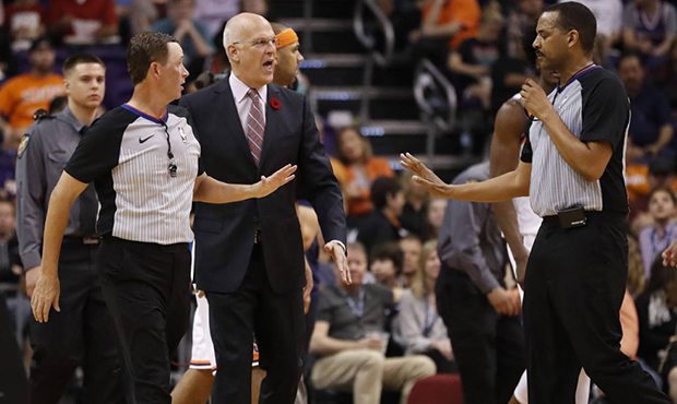 Phoenix Suns head coach Jay Triano yells at officials during a timeout in the second half of an NBA...