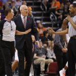 Phoenix Suns head coach Jay Triano yells at officials during a timeout in the second half of an NBA basketball game against the Orlando Magic, Friday, Nov. 10, 2017, in Phoenix. Triano was charged with a technical. (AP Photo/Matt York)
