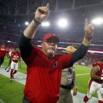 Arizona Cardinals head coach Bruce Arians leaves the field after an NFL football game against the Jacksonville Jaguars, Sunday, Nov. 26, 2017, in Glendale, Ariz. The Cardinals won 27-24. (AP Photo/Ross D. Franklin)