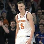New York Knicks forward Kristaps Porzingis reacts after dunking the ball during the fourth quarter of an NBA basketball game against the Phoenix Suns, Friday, Nov. 3, 2017, at Madison Square Garden in New York. (AP Photo/Bill Kostroun)