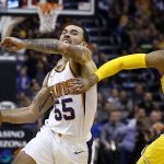 Phoenix Suns guard Mike James (55) tries to drive past Los Angeles Lakers guard Jordan Clarkson during the second half of an NBA basketball game Monday, Nov. 13, 2017, in Phoenix. The Lakers defeated the Suns 100-93. (AP Photo/Ross D. Franklin)