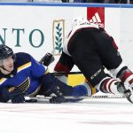 St. Louis Blues' Scottie Upshall, left, collides with Arizona Coyotes' Jordan Martinook during the first period of an NHL hockey game Thursday, Nov. 9, 2017, in St. Louis. (AP Photo/Jeff Roberson)