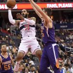 Washington Wizards forward Mike Scott (30) shoots against Phoenix Suns forward Dragan Bender, right, of Croatia, and guard Mike James (55) during the first half of an NBA basketball game, Wednesday, Nov. 1, 2017, in Washington. (AP Photo/Nick Wass)
