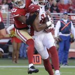 Arizona Cardinals tight end Jermaine Gresham, right, catches a touchdown pass in front of San Francisco 49ers cornerback Ahkello Witherspoon during the first half of an NFL football game in Santa Clara, Calif., Sunday, Nov. 5, 2017. (AP Photo/Ben Margot)