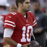 San Francisco 49ers quarterback Jimmy Garoppolo (10) watches from the sideline during the second half of an NFL football game against the Arizona Cardinals in Santa Clara, Calif., Sunday, Nov. 5, 2017. (AP Photo/Marcio Jose Sanchez)