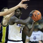 Kansas State forward Mawdo Sallah (1) looks for a teammate during the first half of an NCAA college basketball game against Northern Arizona in Manhattan, Kan., Monday, Nov. 20, 2017. (AP Photo/Orlin Wagner)