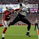 Arizona Cardinals safety Budda Baker (36) breaks up a pass intended for Jacksonville Jaguars tight end James O'Shaughnessy (80) during the second half of an NFL football game, Sunday, Nov. 26, 2017, in Glendale, Ariz. (AP Photo/Rick Scuteri)