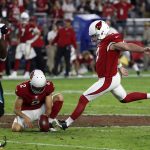 Arizona Cardinals kicker Phil Dawson (4) kicks a game winning 57-yard field goal during the second half of an NFL football game against the Jacksonville Jaguars as punter Andy Lee (2) holds, Sunday, Nov. 26, 2017, in Glendale, Ariz. The Cardinals won 27-24. (AP Photo/Rick Scuteri)