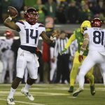 Arizona quarterback Khalil Tate throws down field against Oregon during the second quarter of an NCAA college football game, Saturday, Nov. 18, 2017, in Eugene, Ore. (AP Photo/Chris Pietsch)