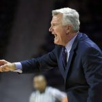Kansas State head coach Bruce Weber yells to his team during the first half of an NCAA college basketball game against Northern Arizona in Manhattan, Kan., Monday, Nov. 20, 2017. (AP Photo/Orlin Wagner)