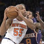 New York Knicks guard Jarrett Jack (55) drives to the basket as he is guarded by Phoenix Suns guard Tyler Ulis (8) during the second quarter of an NBA basketball game Friday, Nov. 3, 2017, at Madison Square Garden in New York. (AP Photo/Bill Kostroun)
