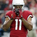 Arizona Cardinals wide receiver Larry Fitzgerald (11) reacts to a missed pass during the first half of an NFL football game against the Jacksonville Jaguars , Sunday, Nov. 26, 2017, in Glendale, Ariz. (AP Photo/Rick Scuteri)