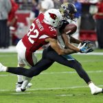 Jacksonville Jaguars wide receiver Keelan Cole (84) can't make the catch as Arizona Cardinals free safety Tyrann Mathieu defends during the first half of an NFL football game, Sunday, Nov. 26, 2017, in Glendale, Ariz. (AP Photo/Rick Scuteri)