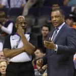 New Orleans Pelicans head coach Alvin Gentry talks to an NBA official in the first half during an NBA basketball game against the New Orleans Pelicans, Friday, Nov 24, 2017, in Phoenix. (AP Photo/Rick Scuteri)