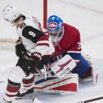 Montreal Ganadiens goaltender Charlie Lindgren makes a save against Arizona Coyotes' Clayton Keller during second-period NHL hockey game action in Montreal, Thursday, Nov. 16, 2017. (Graham Hughes/The Canadian Press via AP)