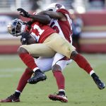 San Francisco 49ers wide receiver Marquise Goodwin (11) is tackled by Arizona Cardinals defensive back Tramon Williams during the first half of an NFL football game in Santa Clara, Calif., Sunday, Nov. 5, 2017. (AP Photo/Marcio Jose Sanchez)