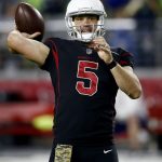 Arizona Cardinals quarterback Drew Stanton (5) warms up prior to an NFL football game against the Seattle Seahawks, Thursday, Nov. 9, 2017, in Glendale, Ariz. (AP Photo/Ross D. Franklin)