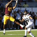 Arizona State wide receiver Kyle Williams (10) makes the catch in front of Arizona safety Scottie Young Jr. in the first half during an NCAA college football game, Saturday, Nov 25, 2017, in Tempe, Ariz. (AP Photo/Rick Scuteri)