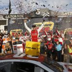 Matt Kenseth celebrates his win in Victory Lane after a NASCAR Cup Series auto race at Phoenix International Raceway Sunday, Nov. 12, 2017, in Avondale, Ariz. (AP Photo/Ross D. Franklin)