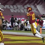 Southern California wide receiver Jalen Greene, right, celebrate his touchdown after picking up a blocked punt during the first half of an NCAA college football game against Arizona, Saturday, Nov. 4, 2017, in Los Angeles. (AP Photo/Mark J. Terrill)