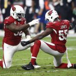Arizona Cardinals outside linebacker Chandler Jones (55) celebrates his sack against the Jacksonville Jaguars with defensive end Frostee Rucker (92) during the first half of an NFL football game, Sunday, Nov. 26, 2017, in Glendale, Ariz. (AP Photo/Ross D. Franklin)