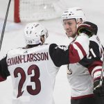 Arizona Coyotes' Derek Stepan, right, celebrates with teammate Oliver Ekman-Larsson after scoring against the Montreal Canadiens during third-period NHL hockey game action in Montreal, Thursday, Nov. 16, 2017. (Graham Hughes/The Canadian Press via AP)