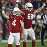 Arizona Cardinals kicker Phil Dawson (4) celebrates his game winning 57-yard field goal during the second half of an NFL football game against the Jacksonville Jaguars, Sunday, Nov. 26, 2017, in Glendale, Ariz. The Cardinals won 27-24. (AP Photo/Ross D. Franklin)