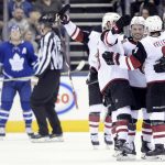 The Arizona Coyotes celebrate a goal during second period NHL hockey action against the Toronto Maple Leafs in Toronto on Monday, Nov. 20, 2017. (Nathan Denette/The Canadian Press via AP)