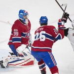 Montreal Ganadiens goaltender Charlie Lindgren is scored against by Arizona Coyotes' Brad Richardson (not shown) as Canadiens' Jeff Petry (26) and Coyotes' Clayton Keller look for the rebound during second-period NHL hockey game action in Montreal, Thursday, Nov. 16, 2017. (Graham Hughes/The Canadian Press via AP)