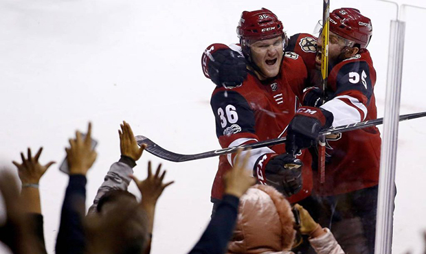 Arizona Coyotes right wing Christian Fischer (36) celebrates his winning goal against the Los Angel...