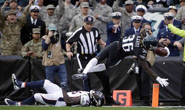 Philadelphia Eagles' Jay Ajayi (36) scores a touchdown over Denver Broncos' Darian Stewart (26) dur...