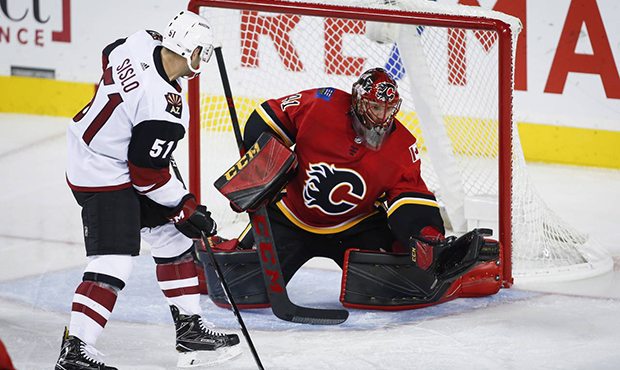 Arizona Coyotes' Mike Sislo, left, watches as Calgary Flames goalie Mike Smith grabs for the puck d...