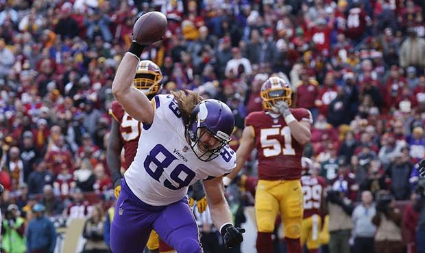 Minnesota Vikings tight end David Morgan (89) celebrates his touchdown during the first half of an ...