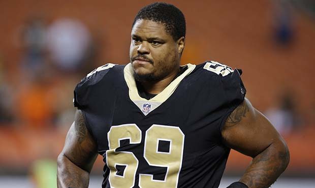 New Orleans Saints offensive tackle Khalif Barnes (69) leaves the field after an NFL preseason foot...