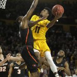 Arizona State guard Shannon Evans II (11) drives on Pacific forward Anthony Townes in the second half during an NCAA college basketball game, Friday, Dec 22, 2017, in Tempe, Ariz. Arizona State defeated Pacific 104-65. (AP Photo/Rick Scuteri)