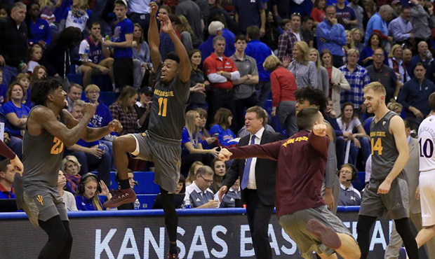 Arizona State forward Romello White (23) and guard Shannon Evans II (11) celebrate in front of Kans...