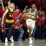 Arizona guard Brandon Randolph (5) reacts after being fouled by Arizona State's Kodi Justice (44) in the final seconds of Arizona's 84-78 victory over Arizona State during an NCAA college basketball game Saturday, Dec. 30, 2017, in Tucson, Ariz. (AP Photo/Ralph Freso)
