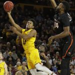 Arizona State guard Tra Holder (0) shoots against Pacific center Namdi Okonkwo in the second half during an NCAA college basketball game, Friday, Dec 22, 2017, in Tempe, Ariz. Arizona State defeated Pacific 104-65. (AP Photo/Rick Scuteri)