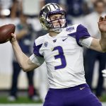 Washington quarterback Jake Browning (3) throws against Penn State during the first half of the Fiesta Bowl NCAA college football game, Saturday, Dec. 30, 2017, in Glendale, Ariz. (AP Photo/Ross D. Franklin)