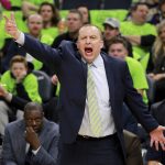 Minnesota Timberwolves head coach Tom Thibodeau argues in the first quarter of an NBA basketball game against the Phoenix Suns, Saturday, Dec. 16, 2017, in Minneapolis. (AP Photo/Andy Clayton-King)