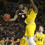 Pacific guard Roberto Gallinat (4) drives on Arizona State forward Romello White in the first half during an NCAA college basketball game, Friday, Dec 22, 2017, in Tempe, Ariz. (AP Photo/Rick Scuteri)